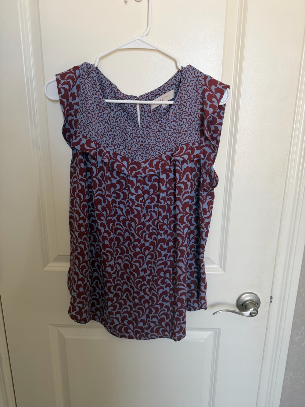 LOFT Burgundy and Light Blue Sleeveless Printed Blouse